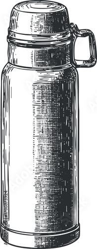 A detailed sketch of a classic insulated thermos designed for hot and cold beverages.