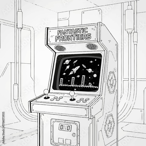 Retro Arcade Game Fantastic Frontiers Black and White Illustration