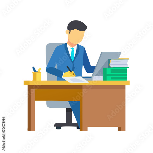 Vector illustration of businessman writing at office desk, flat clean design corporate work and productivity concept
