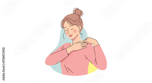 Serene young woman with a bun hairstyle gently touching her shoulder and neck area in a selfcare gesture.