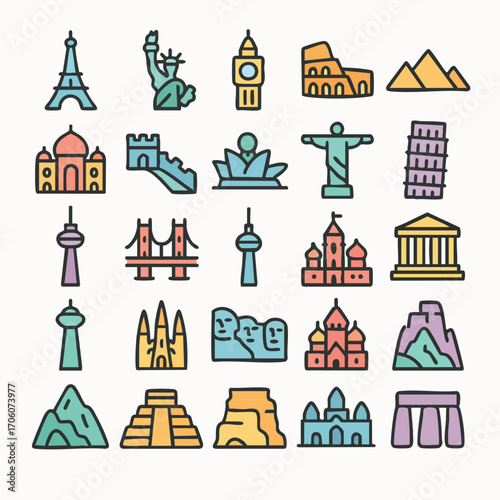 World Landmarks Colorful Icon Collection.