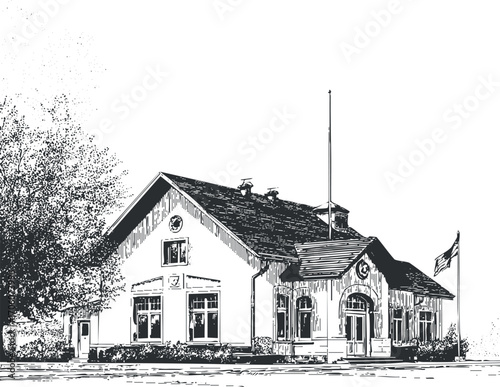A detailed sketch of a vintage building showcasing classic architectural design and surroundings.