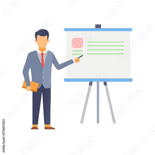 Vector illustration of businessman presenting with flip chart, flat clean design business strategy and corporate training concept

