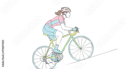 Side profile illustration of a female cyclist in colorful gear riding a road bike uphill.