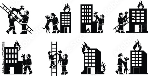 Firefighters rescuing dog, burning building emergency, fire rescue operation, ladder rescue, animal rescue, fire safety, emergency response teamwork