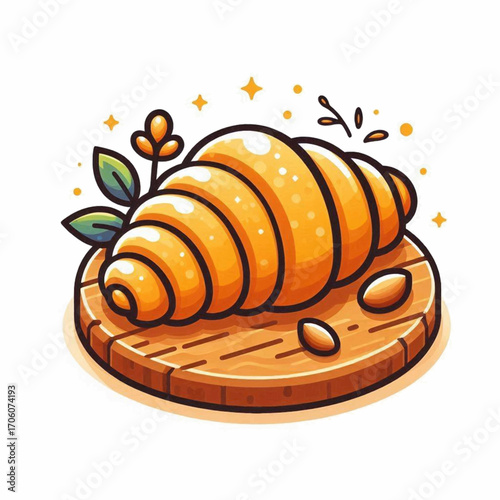 Delicious Golden Croissant on Wooden Board Bakery Illustration