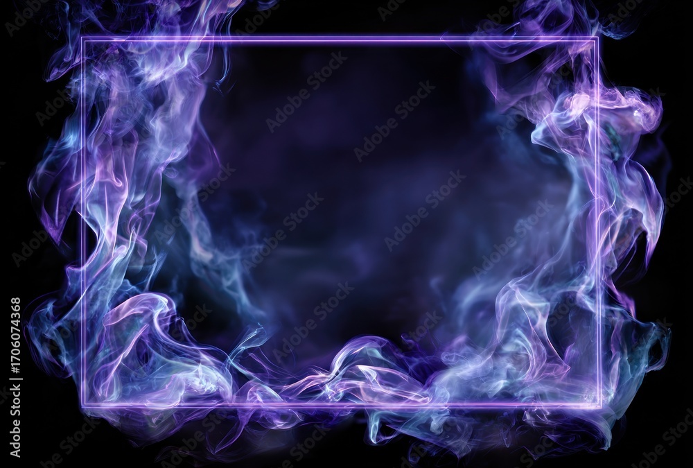 Obraz premium A square neon frame surrounded by wispy, blue and purple smoke or vapor against a dark background, creating a mystical, ethereal effect