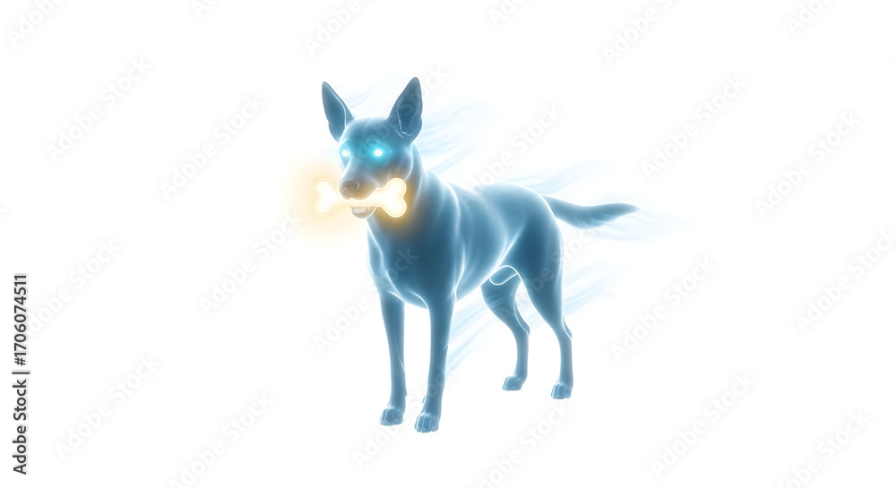 Obraz premium Ghost Dog with Bone Ethereal Canine Companion in White