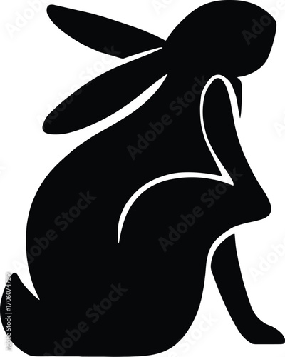 Minimal vector silhouette, rabbit ear-scratch with hind leg, seated side view, solid black