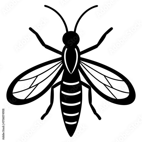 Stylized black silhouette of a wasp with detailed wings and segmented body on a white background silhouette