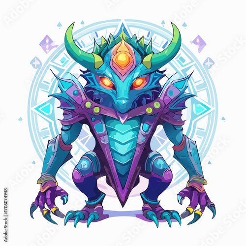 a blue and purple monster with horns and claws.