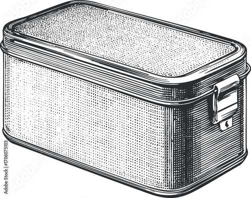 Illustration of a vintage metal storage box with a lid and latch for organization.
