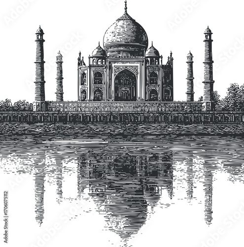 Detailed black and white illustration of the Taj Mahal with reflection in water.