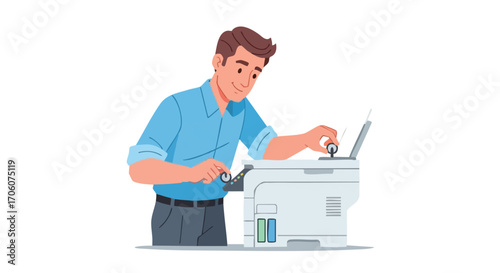 Smiling office worker in a blue shirt using a multifunction printer to make copies.