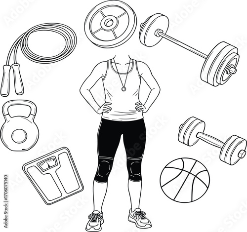 Black and white vector illustration of athlete with gym equipment including dumbbell, barbell, kettlebell, jump rope, basketball, and fitness accessories