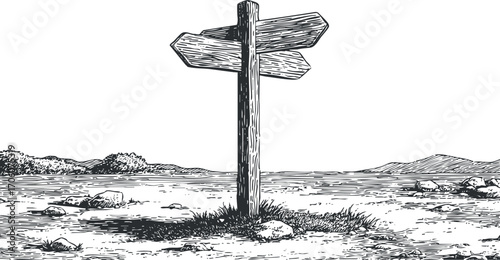 A vintage illustration of a signpost with multiple directional arrows in a rural landscape.