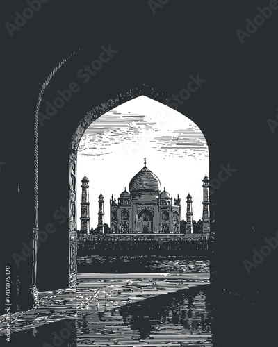 Black and white illustration of the Taj Mahal viewed through an ornate archway.