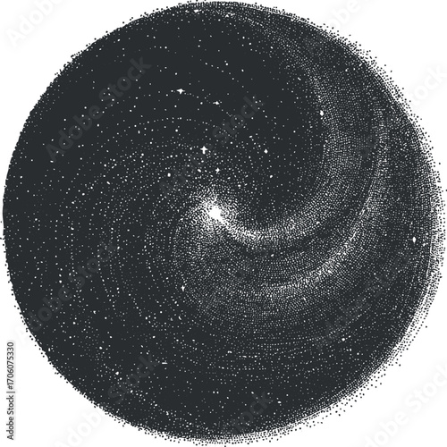 An abstract illustration of a spiral galaxy filled with numerous stars and cosmic dots.