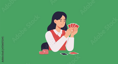 Smiling woman in a red vest playing a card game at a green casino table with chips.