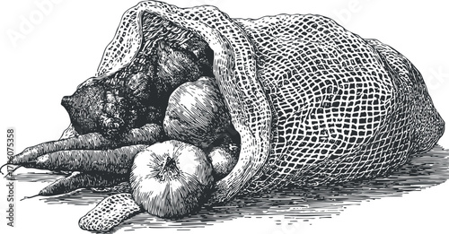 A detailed illustration of a sack filled with various fresh vegetables and produce.