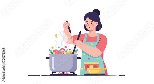 Smiling woman in an apron happily cooking a healthy vegetable stew in a large pot.