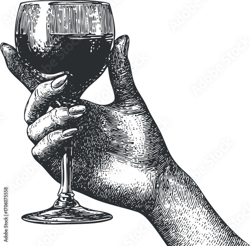 A vintage hand illustration elegantly holding a glass of wine or cocktail.