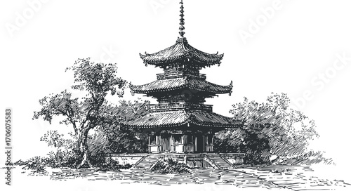 An intricate sketch of a traditional pagoda temple surrounded by trees and serene landscape.