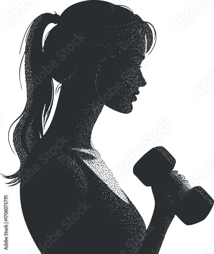 Silhouette of a woman lifting a dumbbell, representing fitness and strength training.