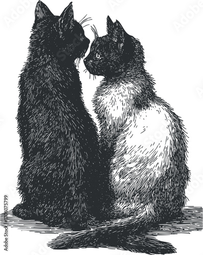 Illustration of two cats, a black cat and a white cat, gazing at each other affectionately.
