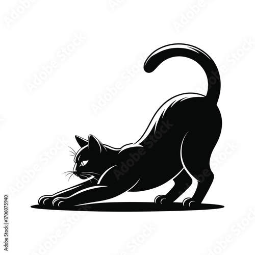 Stretching Black Cat Silhouette Illustration with Extended Paws on White Background