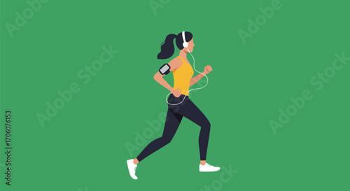 Sporty woman in activewear running while listening to music with headphones and a smartphone armband.