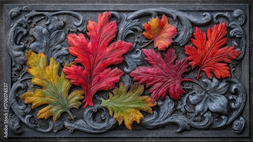 Ornate relief carving featuring several autumn colored leaves against a dark grey filigree background. Intricate detailed. Aged