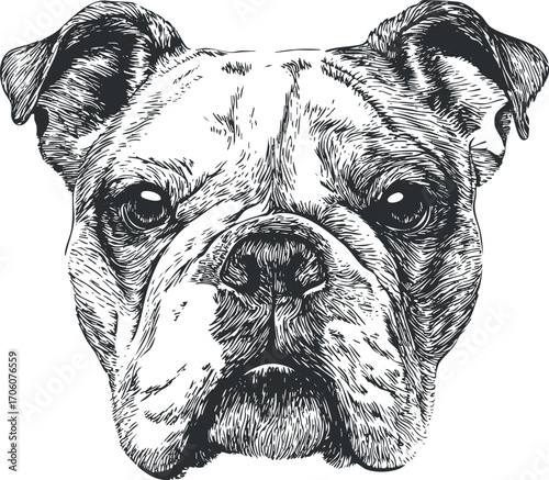 Detailed black and white illustration of a bulldog showcasing its distinct facial features.