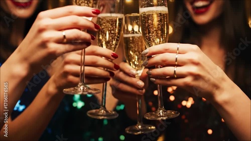 Elegant celebration with friends toasting champagne at festive party