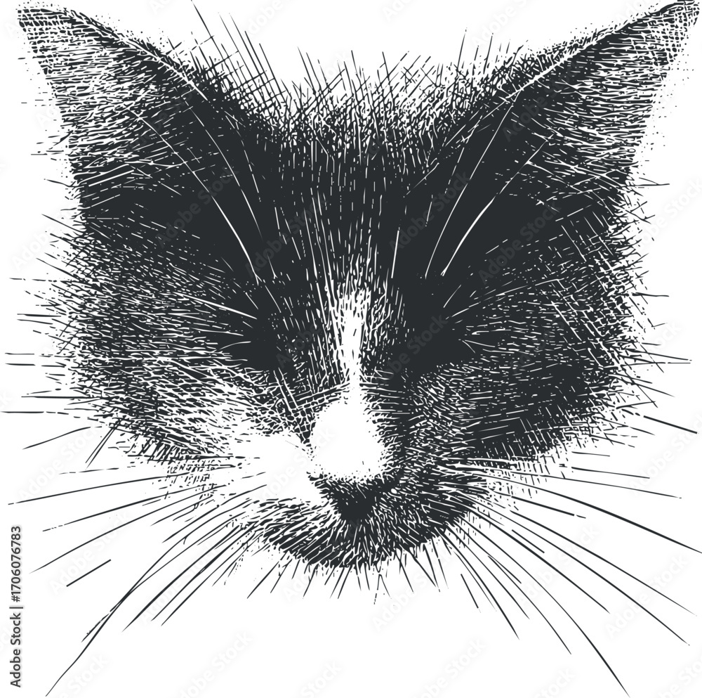Obraz premium A stylized black and white illustration of a cat's face featuring expressive whiskers and fur.