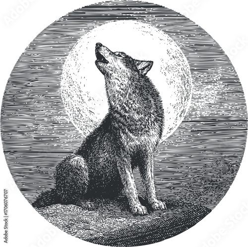 A detailed illustration of a wolf howling at a full moon, capturing a mystical night scene.