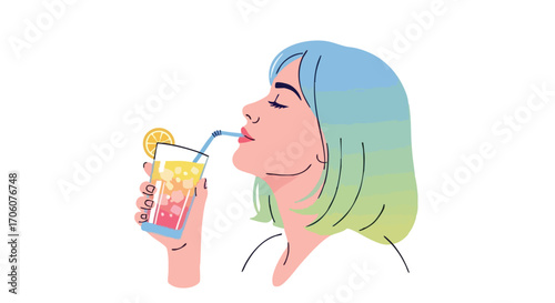 Stylish woman with colorful blue and green hair sipping a refreshing summer cocktail.