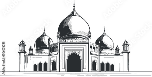 Illustration of the Taj Mahal, a famous architectural monument in India, in black and white.