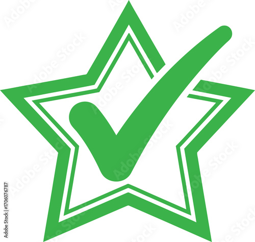 Green Star Icon with Check Mark Symbol Isolated on White Background Approval
