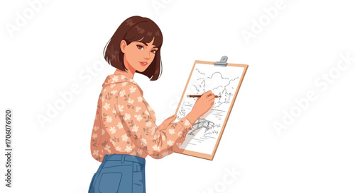 Stylish young woman artist with a bob haircut drawing a landscape on a clipboard looking over her shoulder.