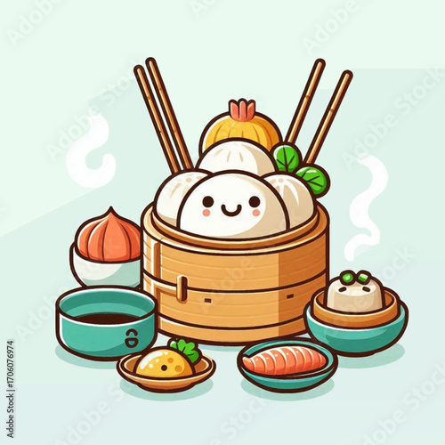Cute Cartoon Dumplings in Bamboo Steamer Asian Food Illustration