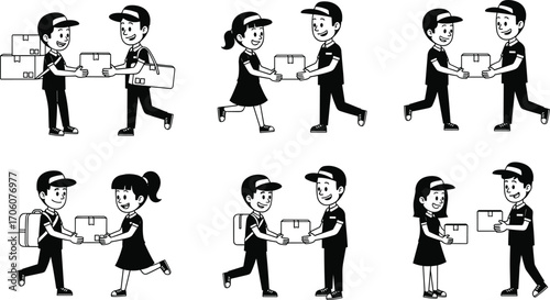 Package delivery, people exchanging parcels, courier service, delivery workers, handing over packages, logistics, shipping, parcel exchange, courier delivery