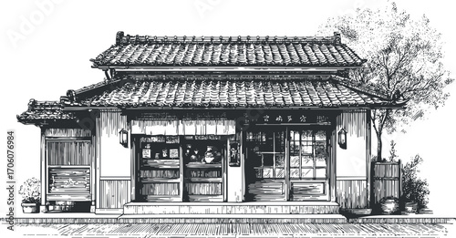 A detailed illustration of a traditional Japanese store showcasing vintage architecture and design.