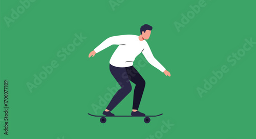 Stylized flat vector illustration of a young man riding a skateboard in casual attire.