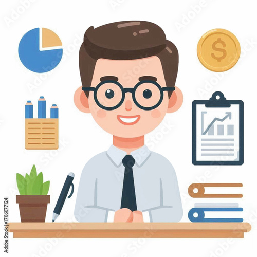 Happy Businessman at Desk with Financial Charts and Icons