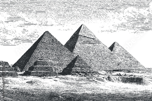 A vintage illustration of the iconic pyramids of Egypt set against a dramatic sky.