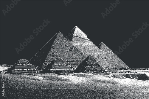 Black and white illustration of iconic pyramids in Egypt showcasing ancient architecture and history