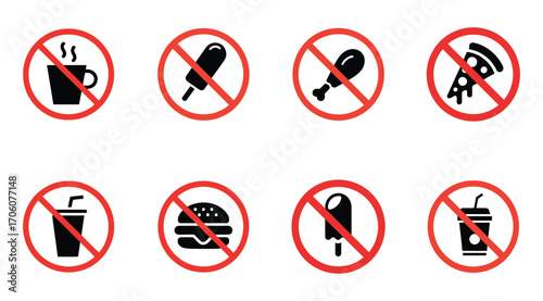 Collection of eight prohibition signs showing unhealthy food and drinks on white background