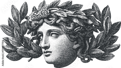 Vintage illustration of a classical female head adorned with laurel leaves and floral elements.