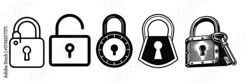 Different types of padlock and keyhole icons set representing security access protection and unlocking concepts isolated on white background